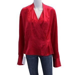 Elie Tahari Womens Pleated V-Neck Long Sleeve Pullover Blouse Top Red Size M